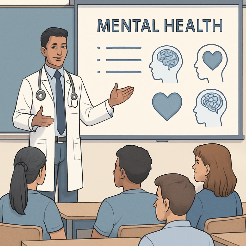 Medical student giving a mental health talk to high school students.