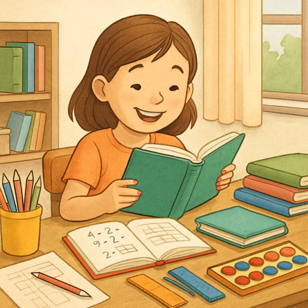 Elementary student reading book with vibrant learning materials