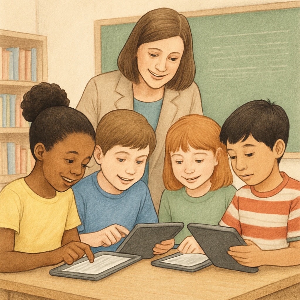 Teacher guiding students using digital reading tools