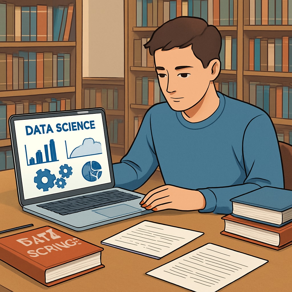 International student studying data science on a laptop in a library.