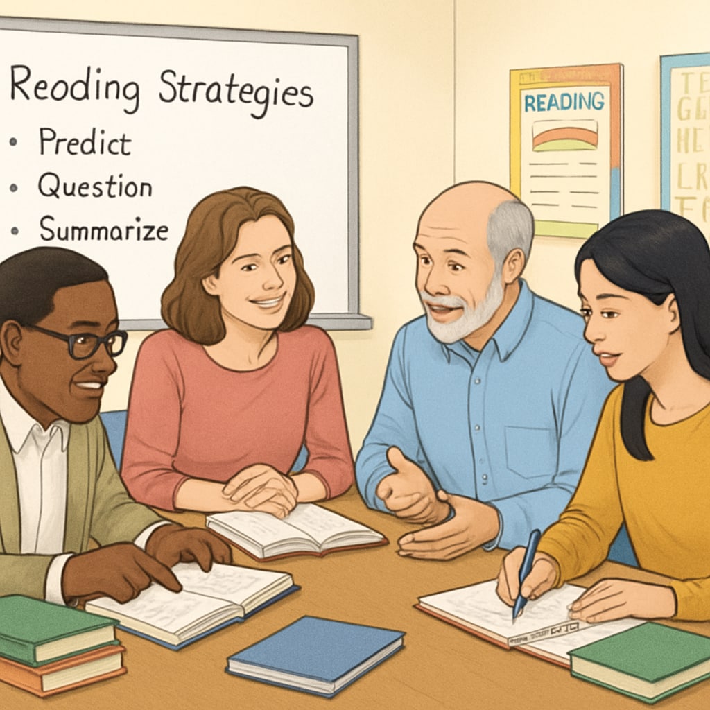 Teachers discussing reading comprehension and text complexity in a classroom.