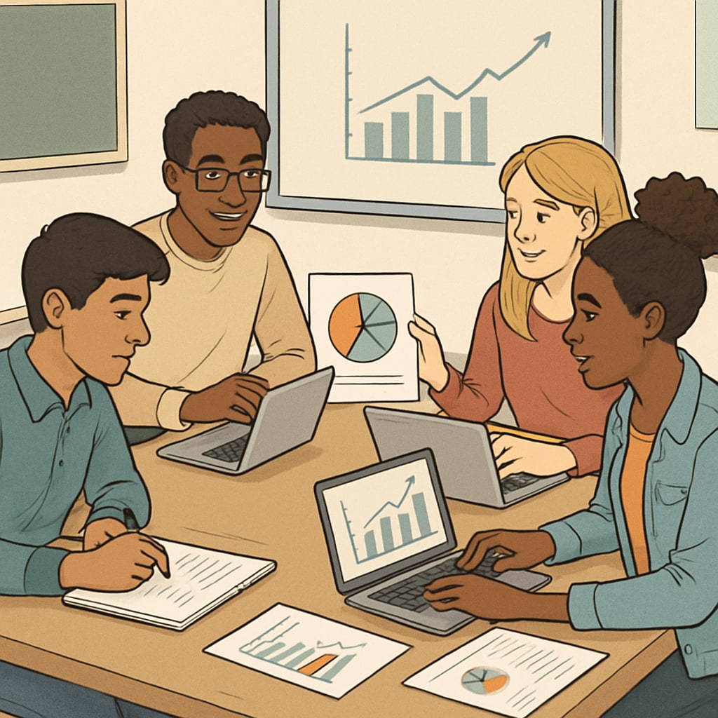 Group of students working on a collaborative data science project.