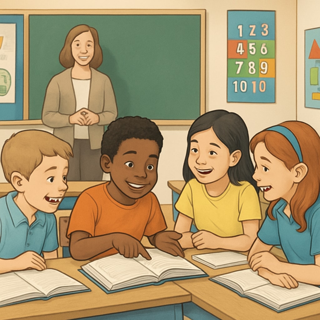 Young students discussing a book, promoting reading comprehension and interest.