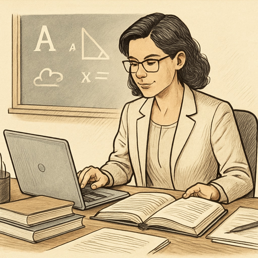 Teacher reviewing text complexity materials on a laptop for research participation.