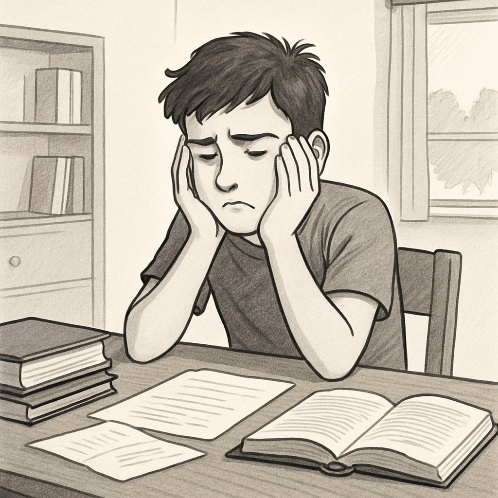 A frustrated teenager sitting at home alone, books closed on the table, symbolizing the disruption caused by bureaucratic delays in school transfers. Frustrated teenager facing school transfer delays due to bureaucracy.