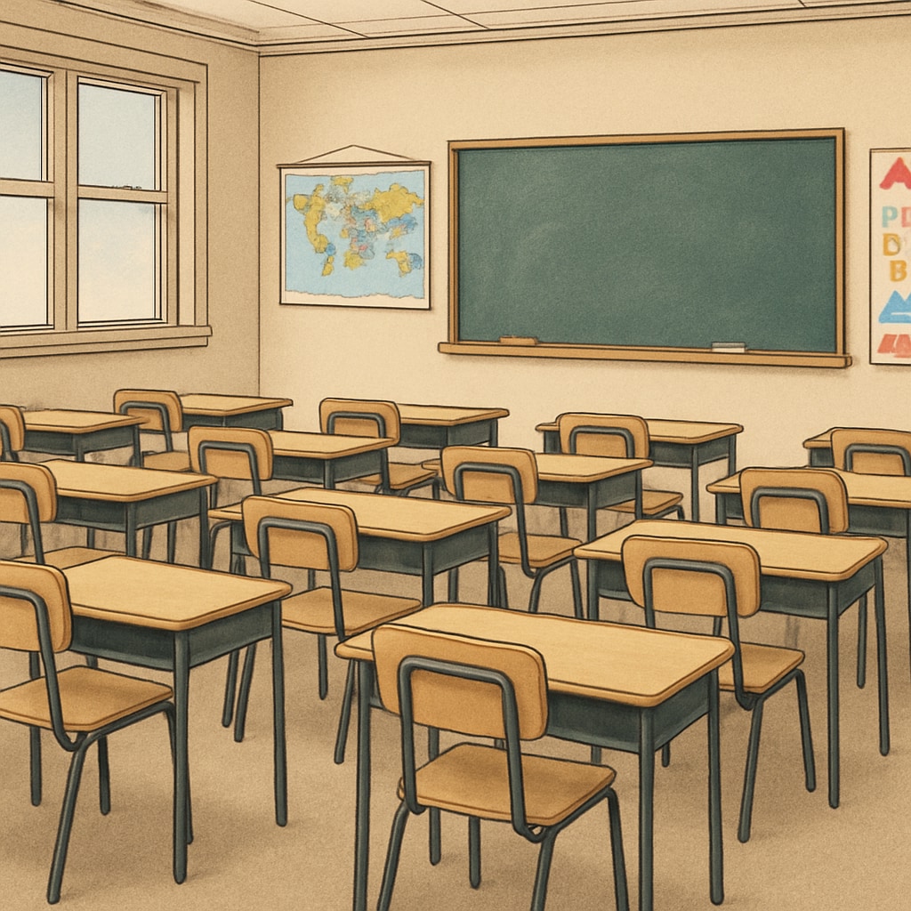 A classroom in a public school with empty desks, symbolizing the impact of student migration to private schools under voucher programs. Empty desks in a public school classroom, reflecting the impact of school voucher programs on student enrollment.