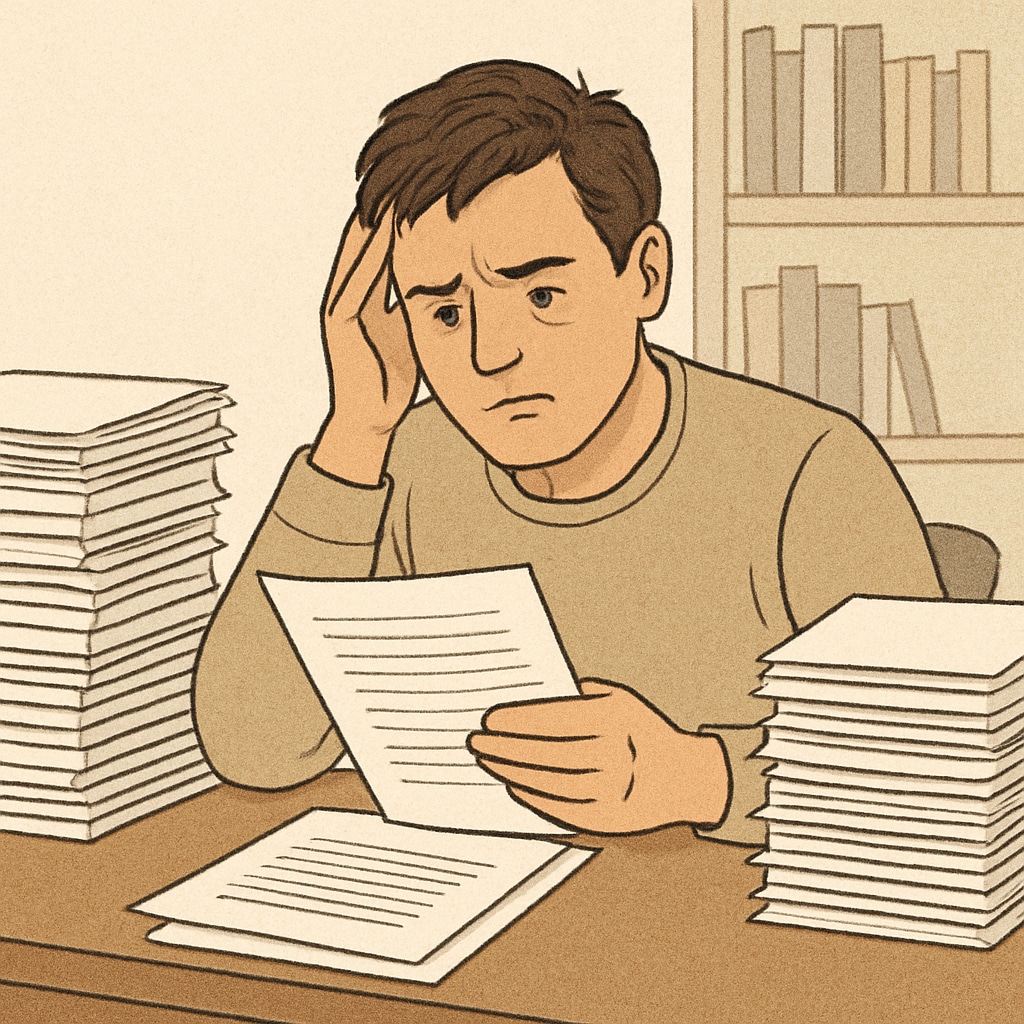 An overwhelmed parent reviewing paperwork at their desk, symbolizing the bureaucratic hurdles faced by families during special needs school transfers. Parent struggling with paperwork for special needs school transfers.