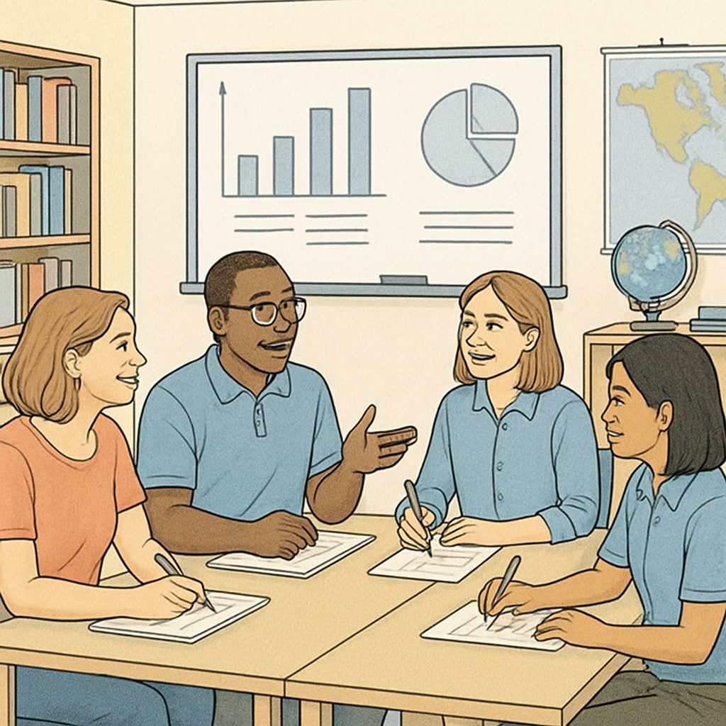 A group of public school teachers participating in a professional development workshop, showcasing the investment in teacher quality. Public school teachers in a professional development workshop, illustrating efforts to improve education quality.