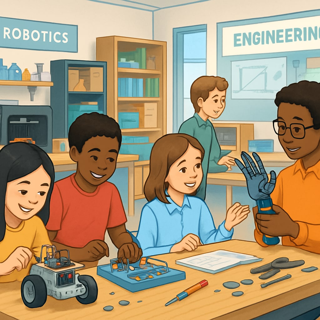 Public school STEM lab highlighting innovative curriculum aimed at competing with private schools.