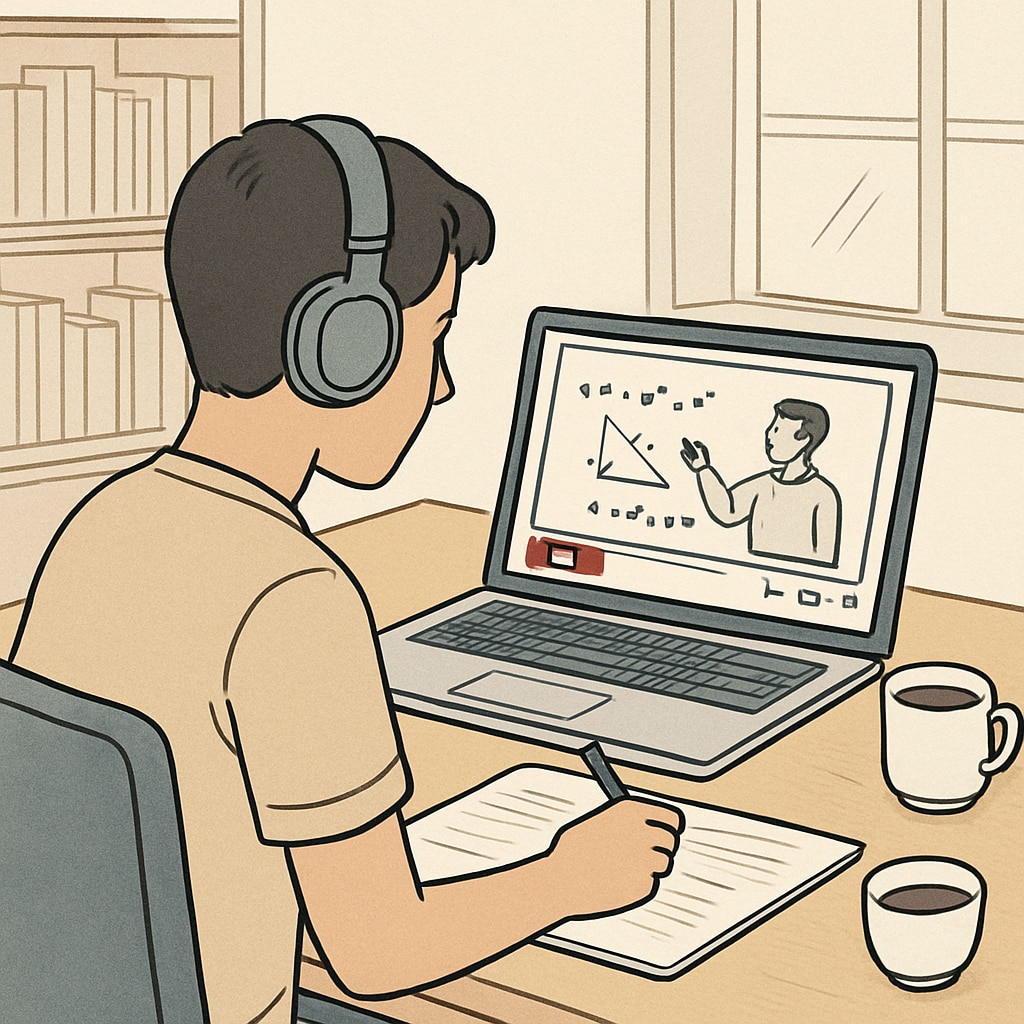 A student reviewing mathematics concepts on a laptop, showcasing a YouTube video tutorial. The image highlights online learning for test preparation. Student watching YouTube math tutorials for mathematics skills test prep