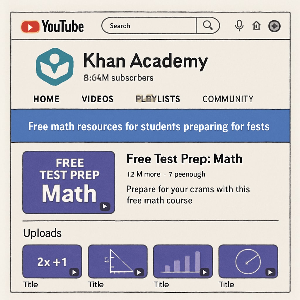 A screenshot of the Khan Academy YouTube channel homepage, emphasizing free math resources for students preparing for tests. Khan Academy YouTube channel homepage featuring math tutorials