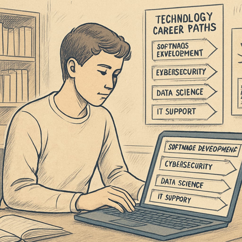 Student exploring IT and technology career paths for university major selection.