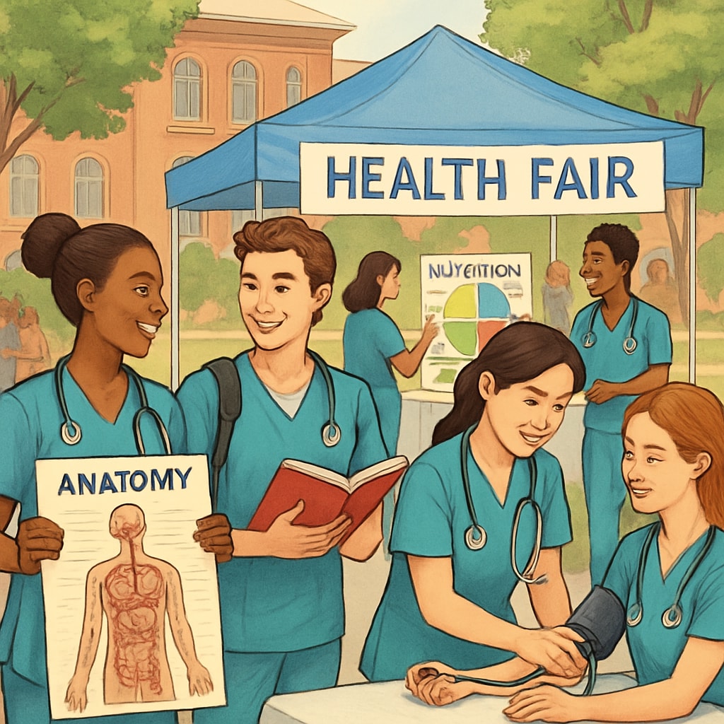 Nursing students at a campus health fair balancing education and social life