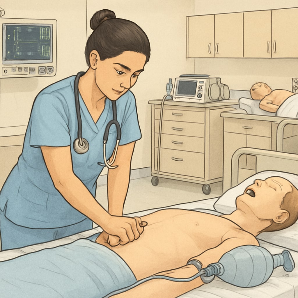 Nursing student practicing EMT skills in a simulated lab