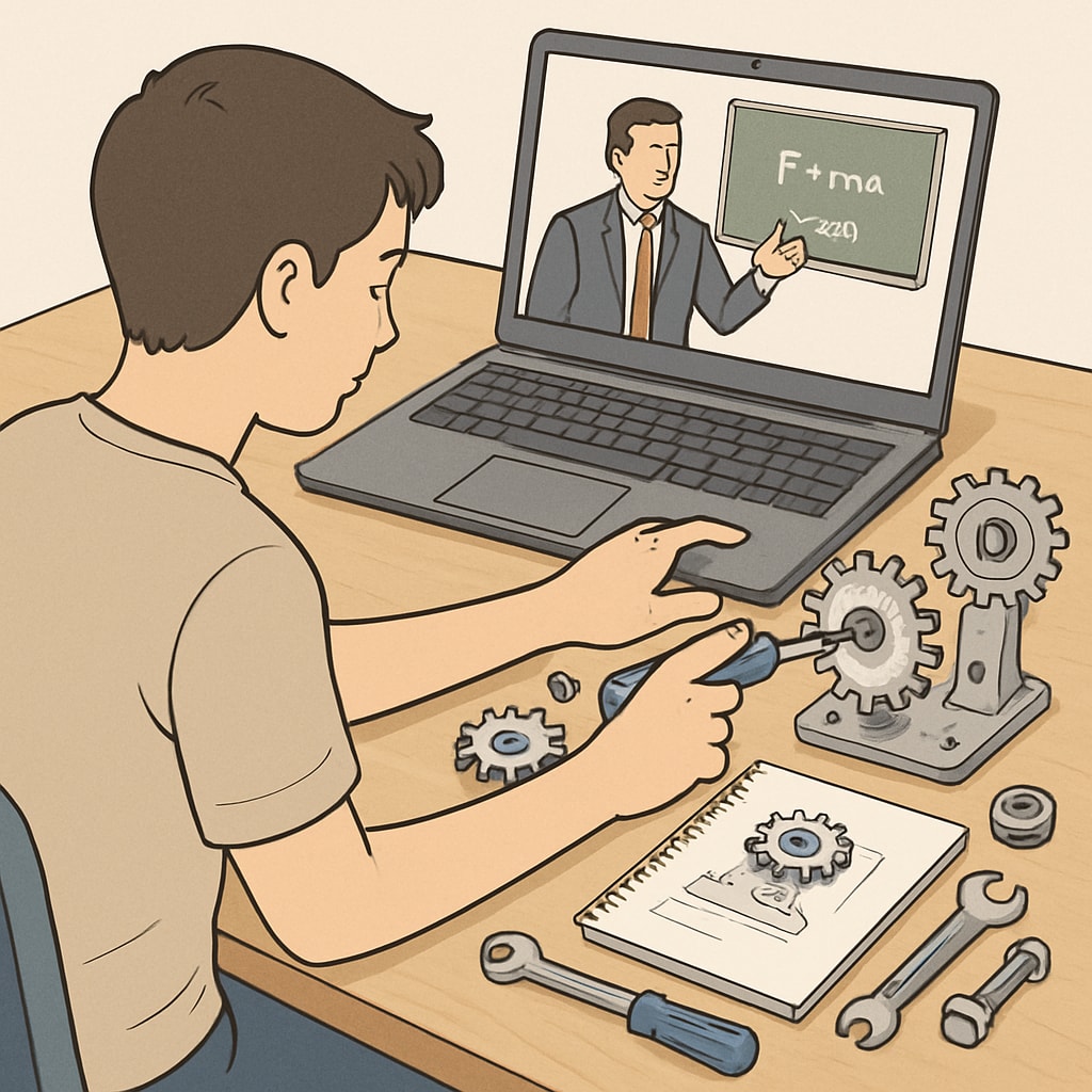 A student working on a mechanical engineering project while attending an online class. The image emphasizes multitasking and the integration of traditional and online learning. Mechanical engineering student balancing coursework and online degree studies.