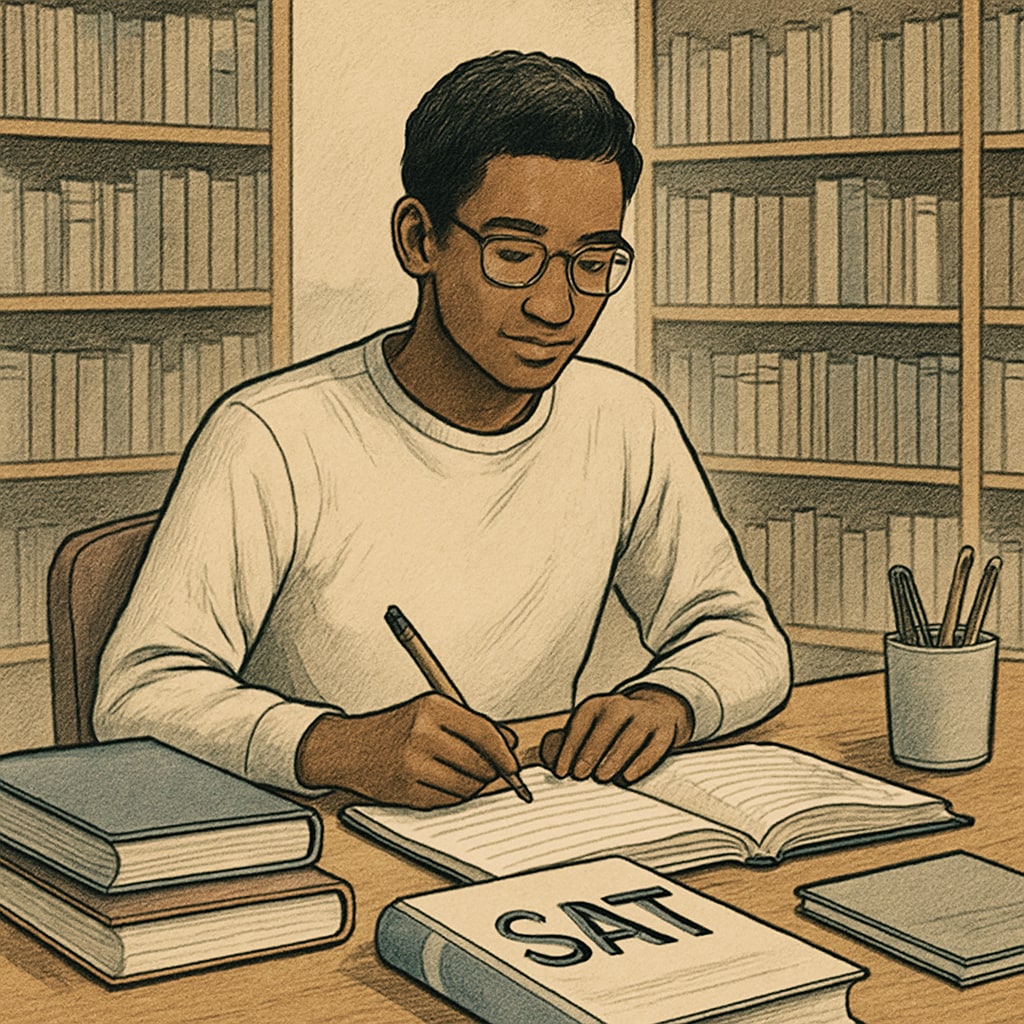 International student studying for the SAT exam for U.S. university admission.