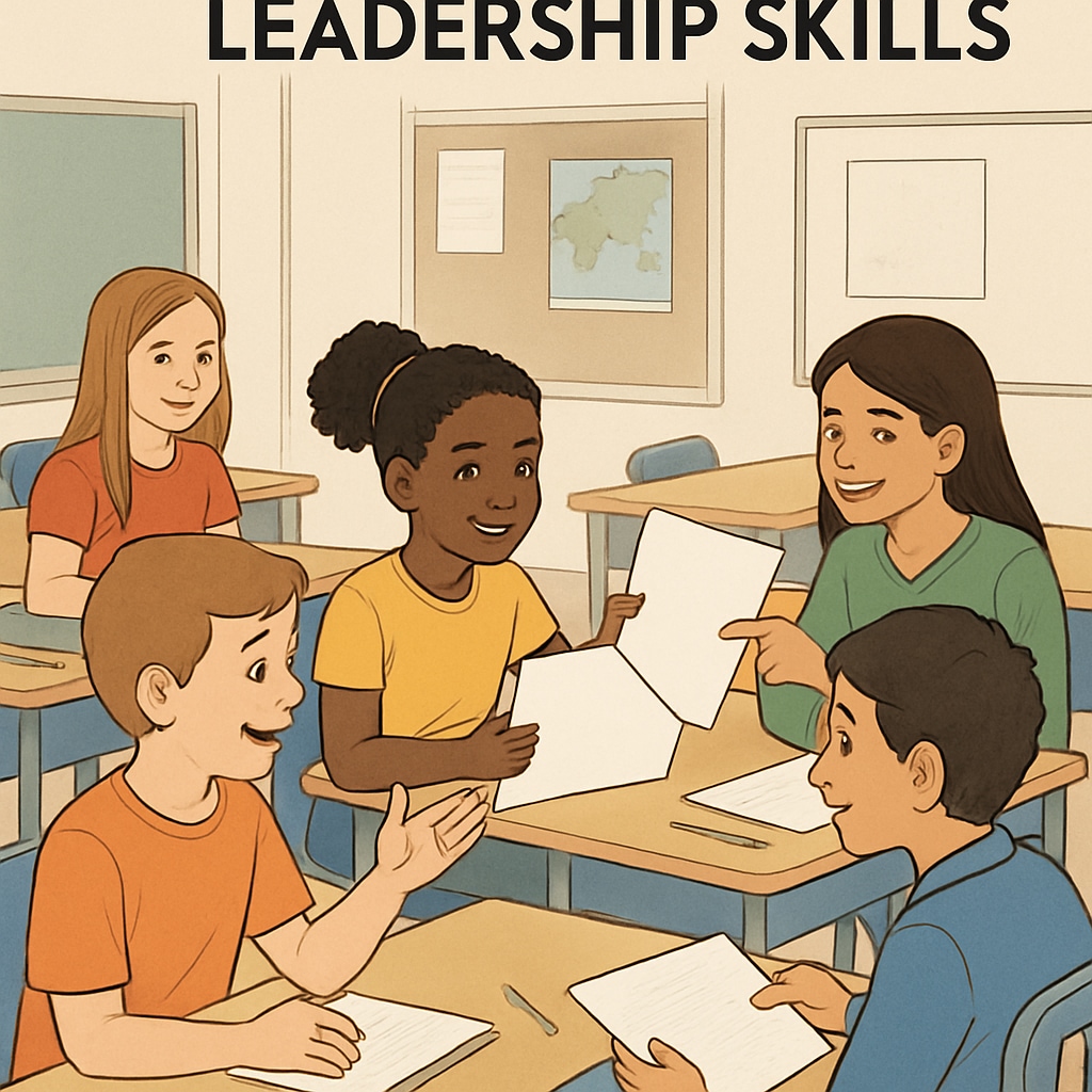 A classroom of diverse K12 students engaged in a group activity designed to foster leadership skills. Students in a classroom participating in a leadership activity, focusing on resilience and teamwork.