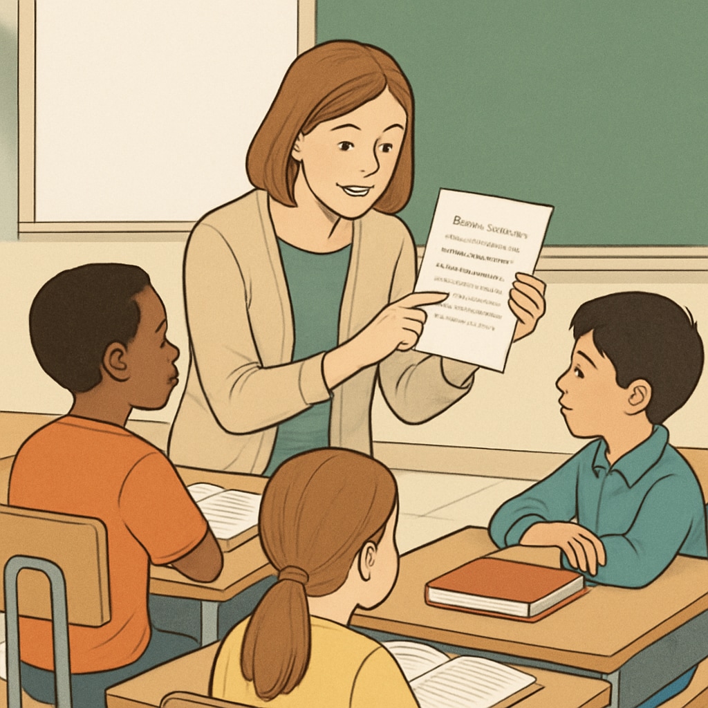 A teacher reviewing a short text passage in a classroom environment. A teacher analyzing a text for a reading comprehension and text complexity study.