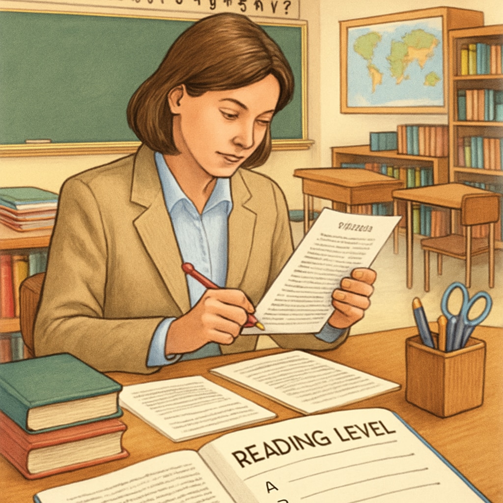 Teacher evaluating reading materials for text complexity in the classroom.
