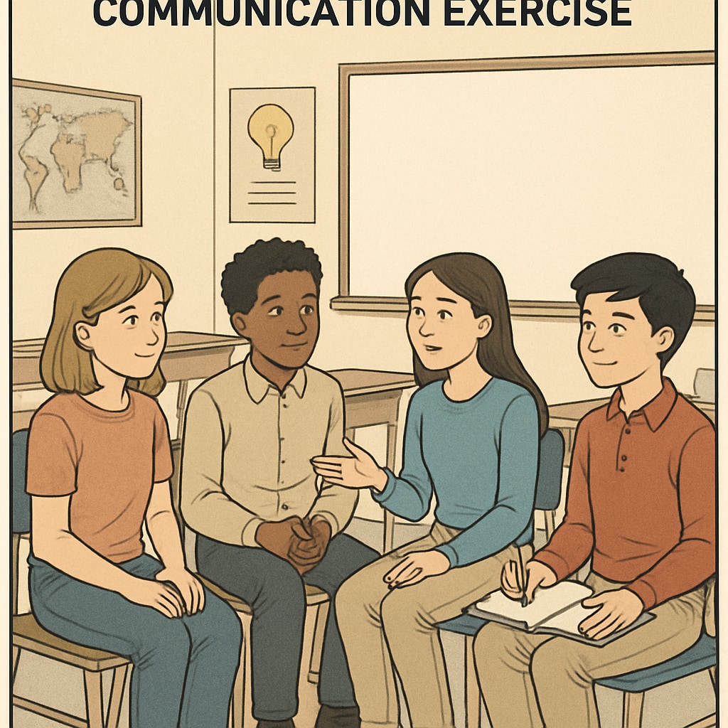 A group of young students participating in a communication exercise, practicing active listening and constructive feedback. Students engaged in a communication exercise, illustrating empathy and collaboration in leadership.