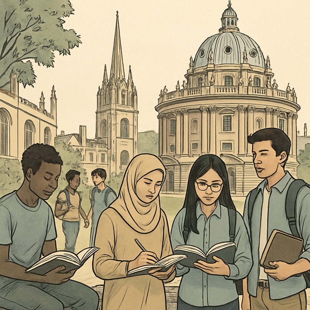 A diverse group of students on Oxford University campus, representing the challenges and aspirations of immigrant families navigating tuition disparities. Diverse students at Oxford University highlighting immigration-related tuition challenges