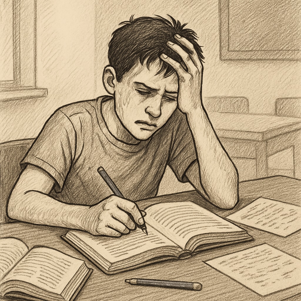 Stressed student preparing for a centralized exam in Turkey.