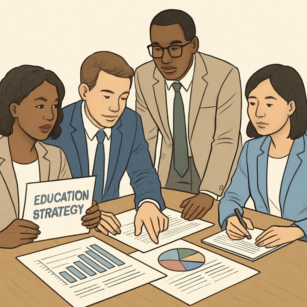 A diverse team of professionals collaborating on educational strategies, with charts and documents spread across the table. Team collaboration on K12 education strategies