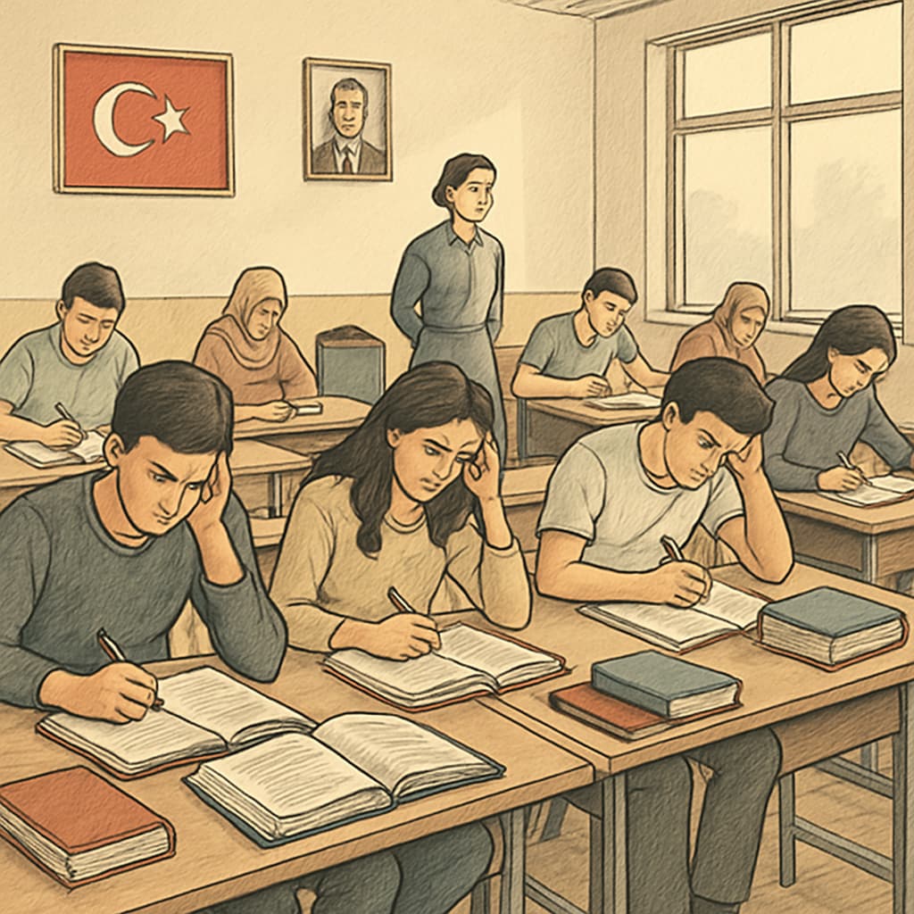 A classroom in Turkey with students preparing for exams, illustrating a high-pressure environment. Students in Turkey studying for centralized exams, representing exam-driven education.