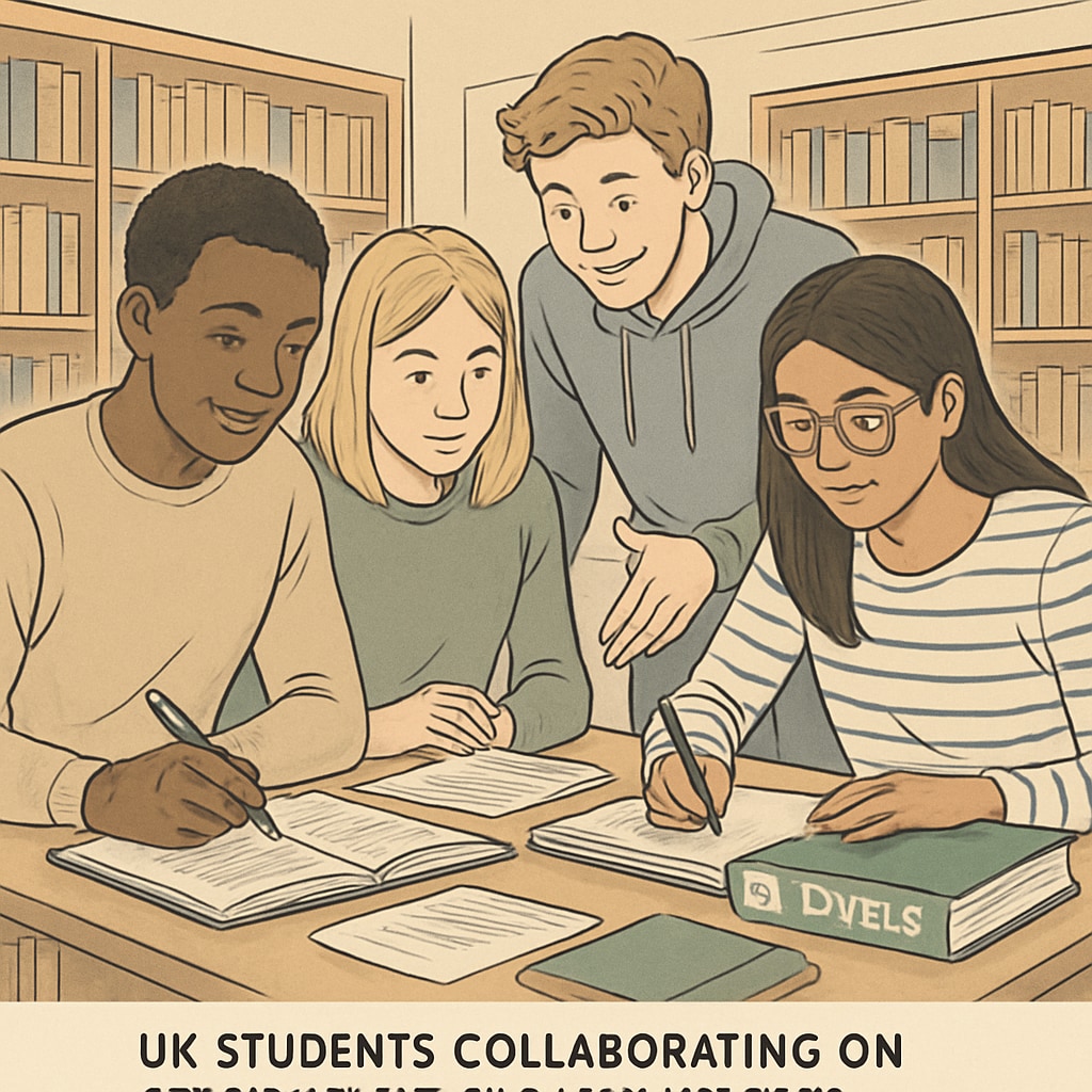 UK students working on A Levels coursework in a library.