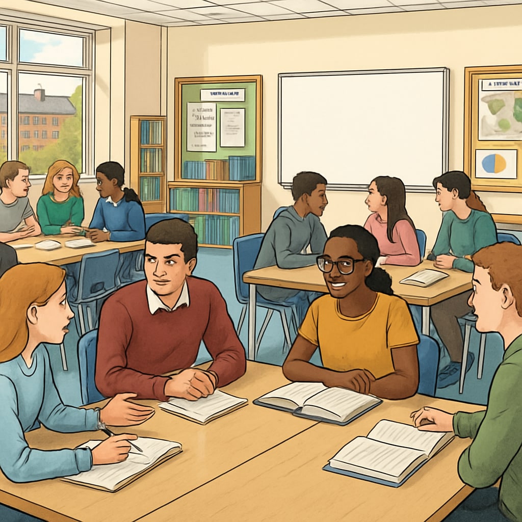 A UK classroom with students engaged in group discussions, showcasing the interactive and flexible nature of A Level education. Students in the UK discussing A Level subjects, highlighting flexibility and specialization.