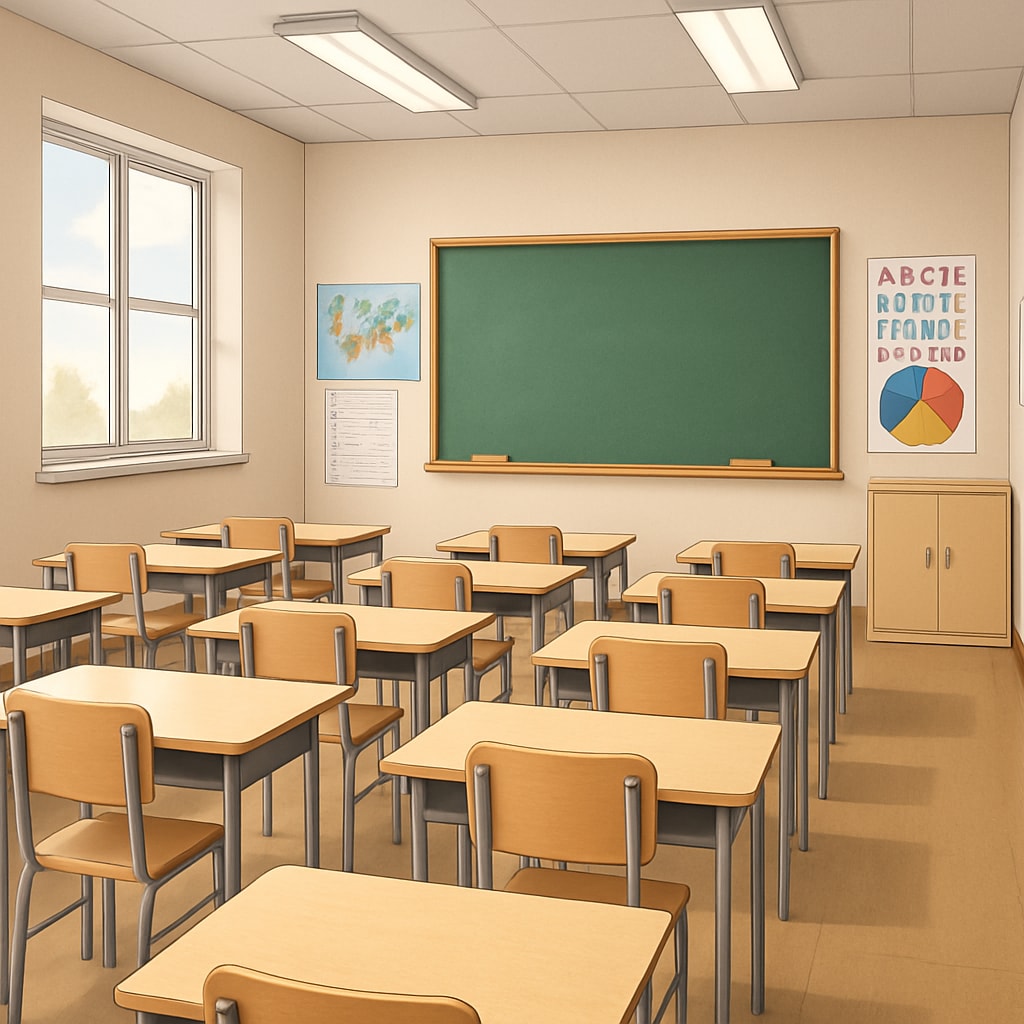 A group of empty classrooms symbolizing the absence of teachers during Teacherless Tuesday. Empty classrooms demonstrating the impact of Teacherless Tuesday protest.