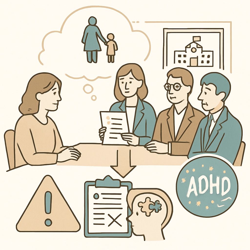 A parent meeting with school officials to discuss special education placement, emphasizing the challenges faced during school applications for students with ADHD and autism. Parent discussing special education placement with school officials