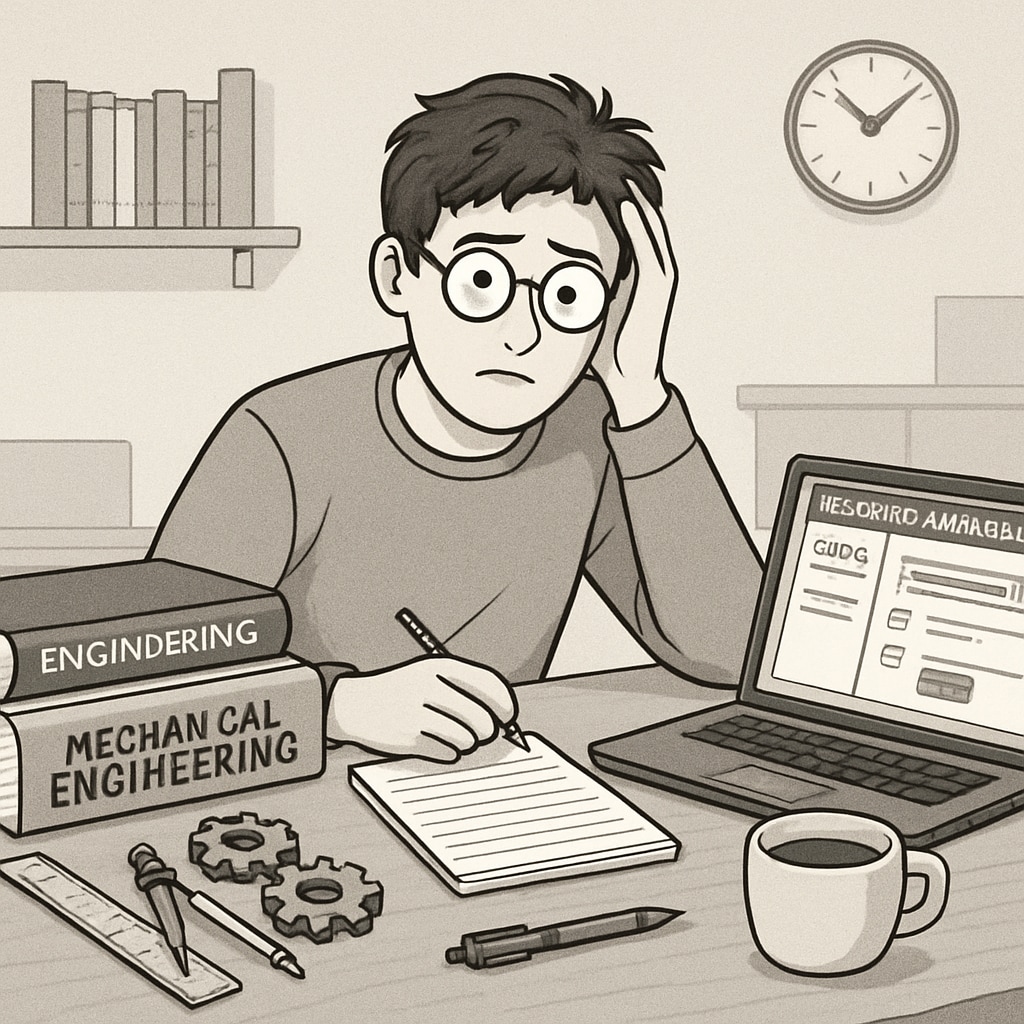 An engineering student struggling to balance mechanical engineering coursework with an online business management program, illustrating potential challenges. Mechanical engineering student balancing coursework with an online business management degree.