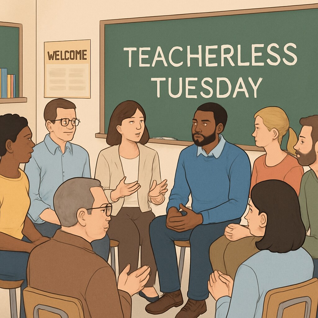 A community meeting illustrating parents and educators discussing the rationale behind Teacherless Tuesday. Parents and educators engaged in dialogue about Teacherless Tuesday.