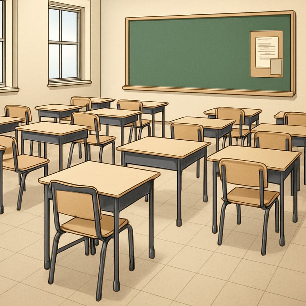 A classroom with an empty desk, symbolizing the absence of a special needs student. Empty desk in a classroom representing special education delays and challenges.