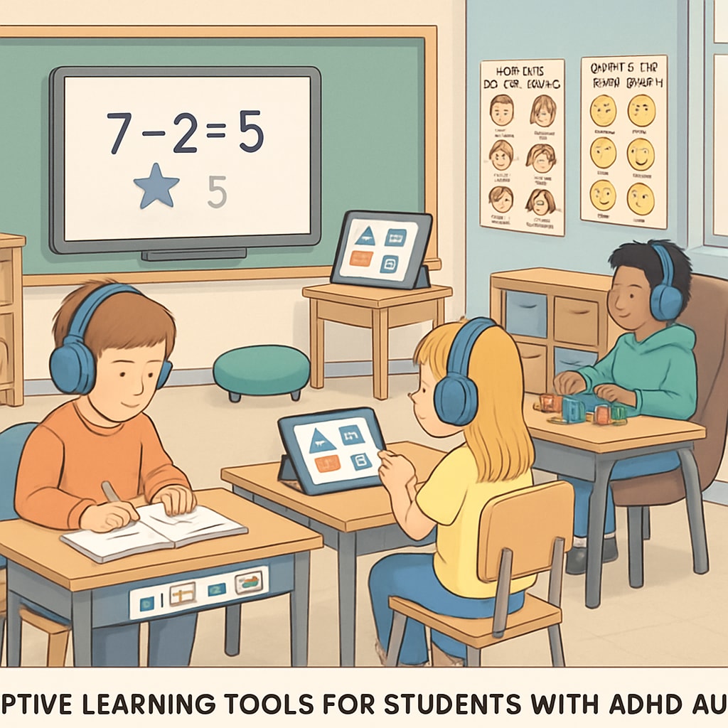 A classroom with adaptive learning tools designed for students with ADHD and autism, illustrating practical solutions for special needs education. Classroom with adaptive learning tools for ADHD and autism students