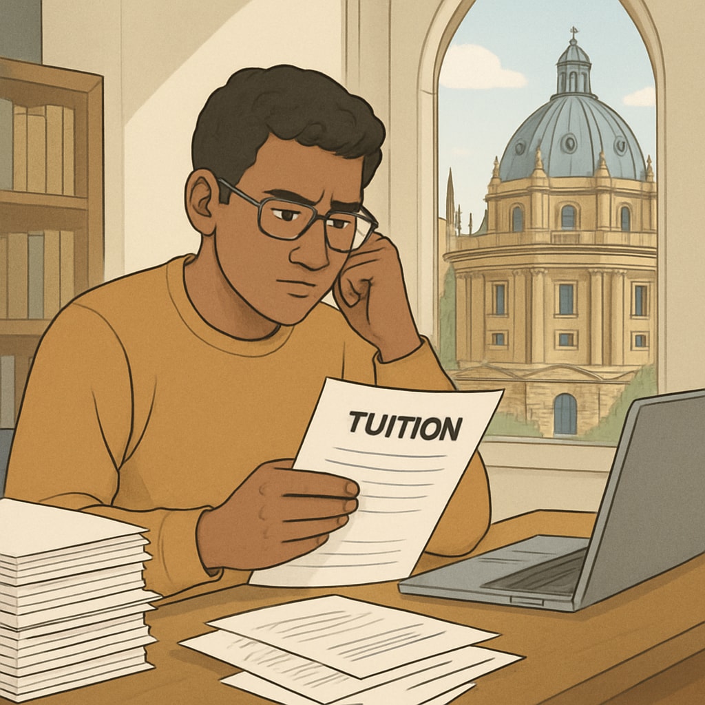 Oxford University student reviewing tuition documents, highlighting tuition disparity for immigrant students.