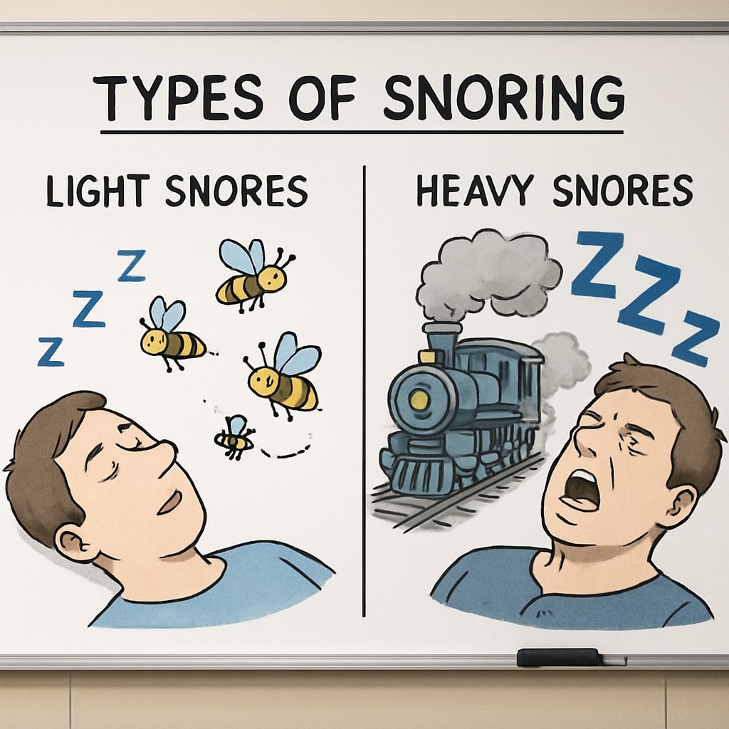 Humorous cartoon of snoring types like bees and trains on a classroom whiteboard.