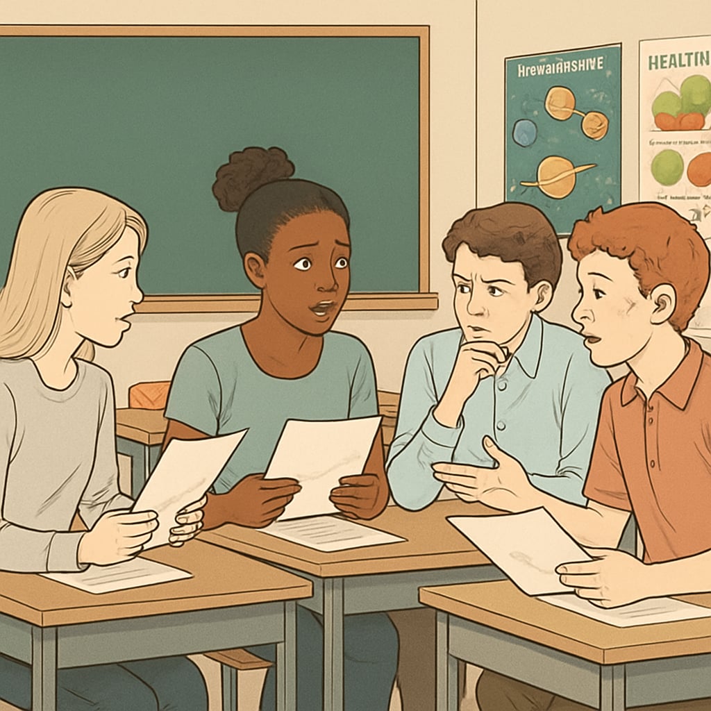 Students reviewing GCSE results in a classroom setting, showcasing anxiety and hope.