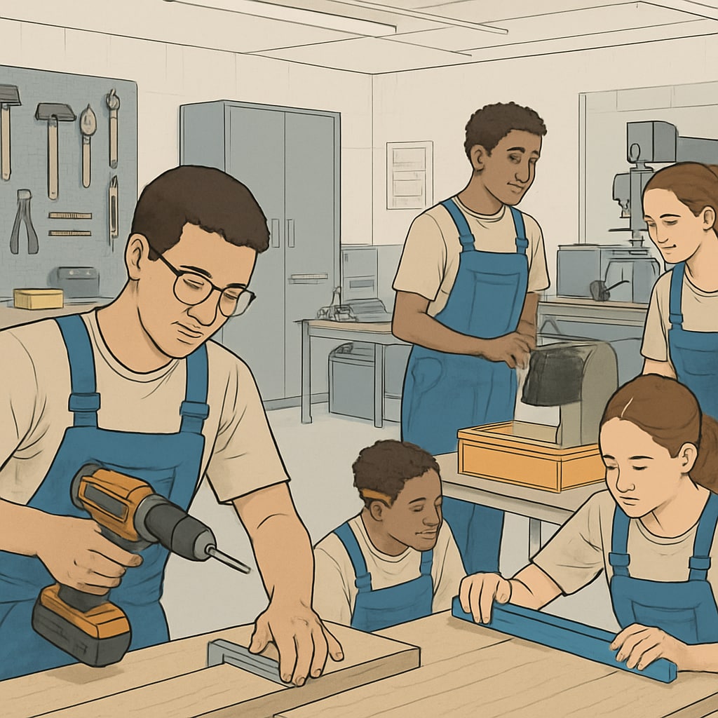 Students participating in a vocational training workshop as an alternative to traditional academic routes.