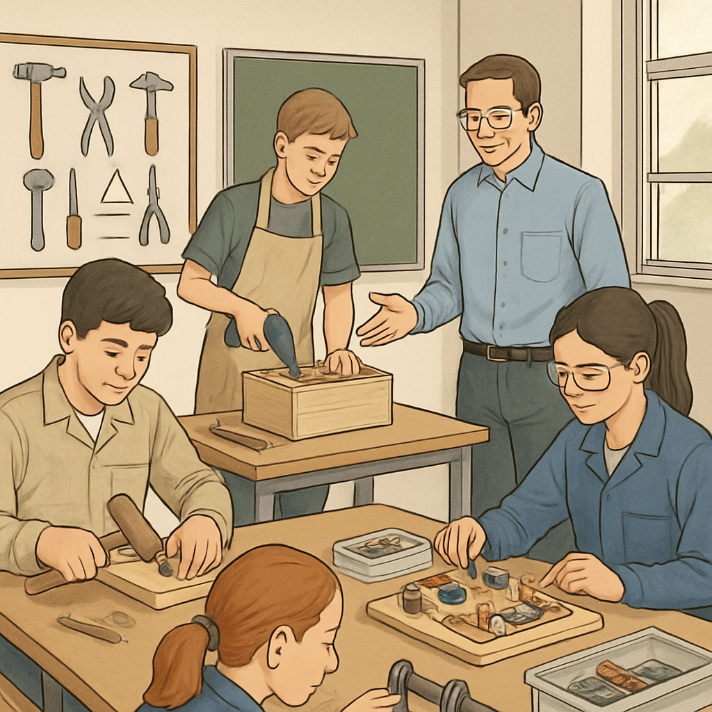Students in a vocational workshop, exploring practical skills.