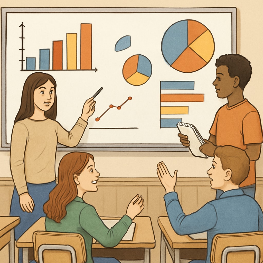 A group of students engaging in a classroom activity involving data analysis, with charts and graphs displayed on a whiteboard. Students learning data analysis in a classroom, fostering analytical thinking.