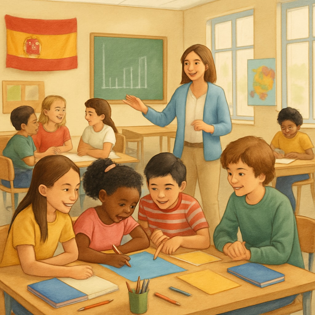 A classroom in Spain with children engaged in group activities, representing the interactive and inclusive approach of Spanish K-12 education. Spanish classroom with children participating in group activities, reflecting K-12 education.