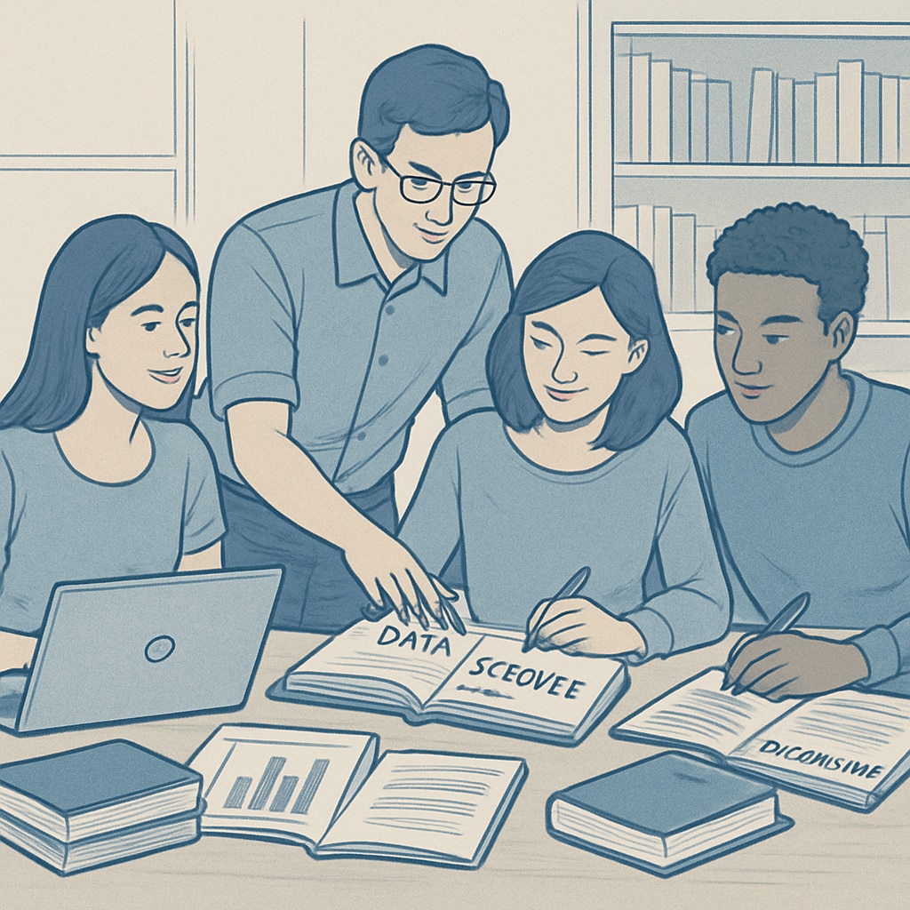 A group of students studying data science concepts with laptops and books, symbolizing academic preparation for international applications. International students studying data science with books and laptops.