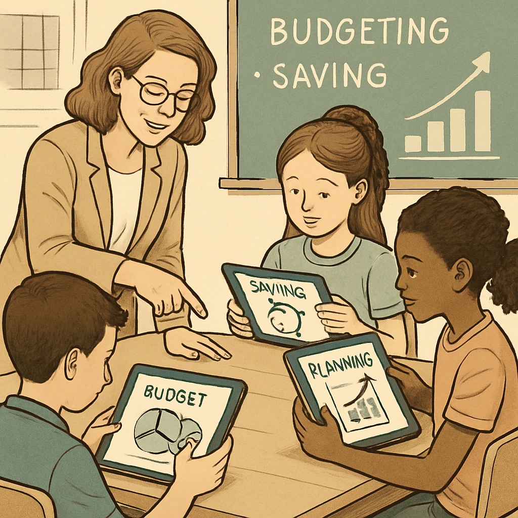 A teacher guiding students through a financial literacy game on tablets, showcasing concepts like budgeting and saving. Teacher and students using a financial literacy app, emphasizing life skills.