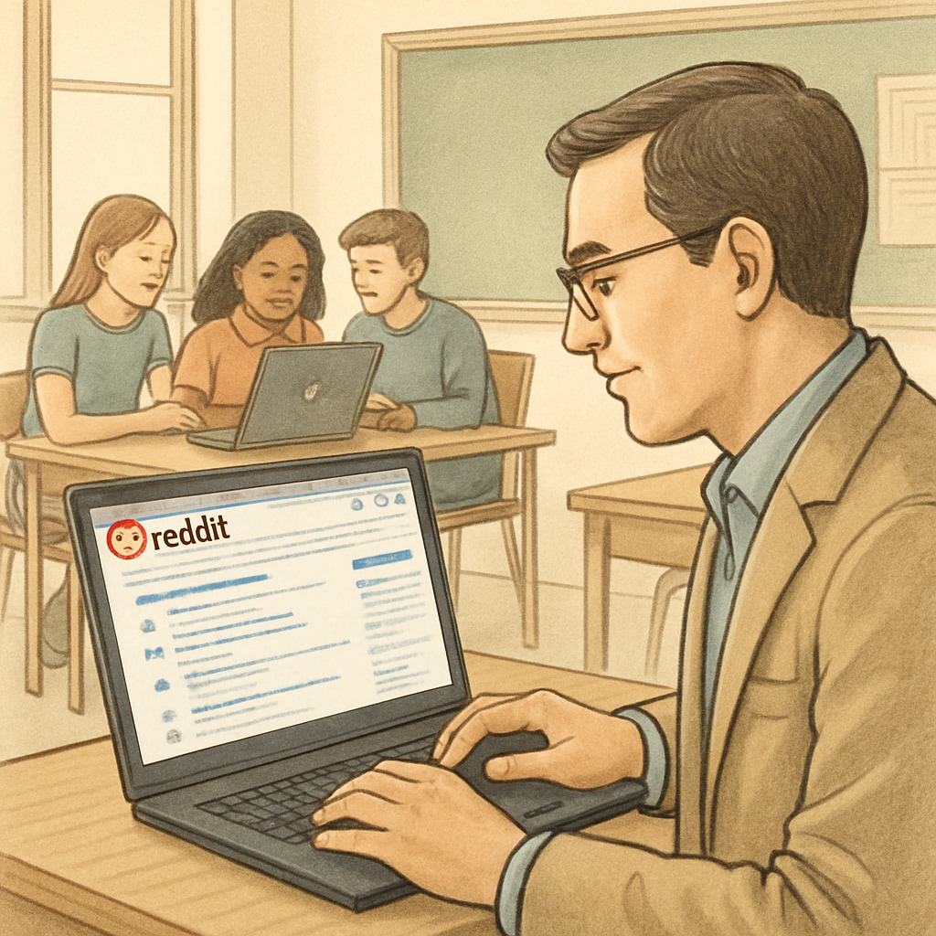 Teacher using Reddit for educational collaboration with students in the background.