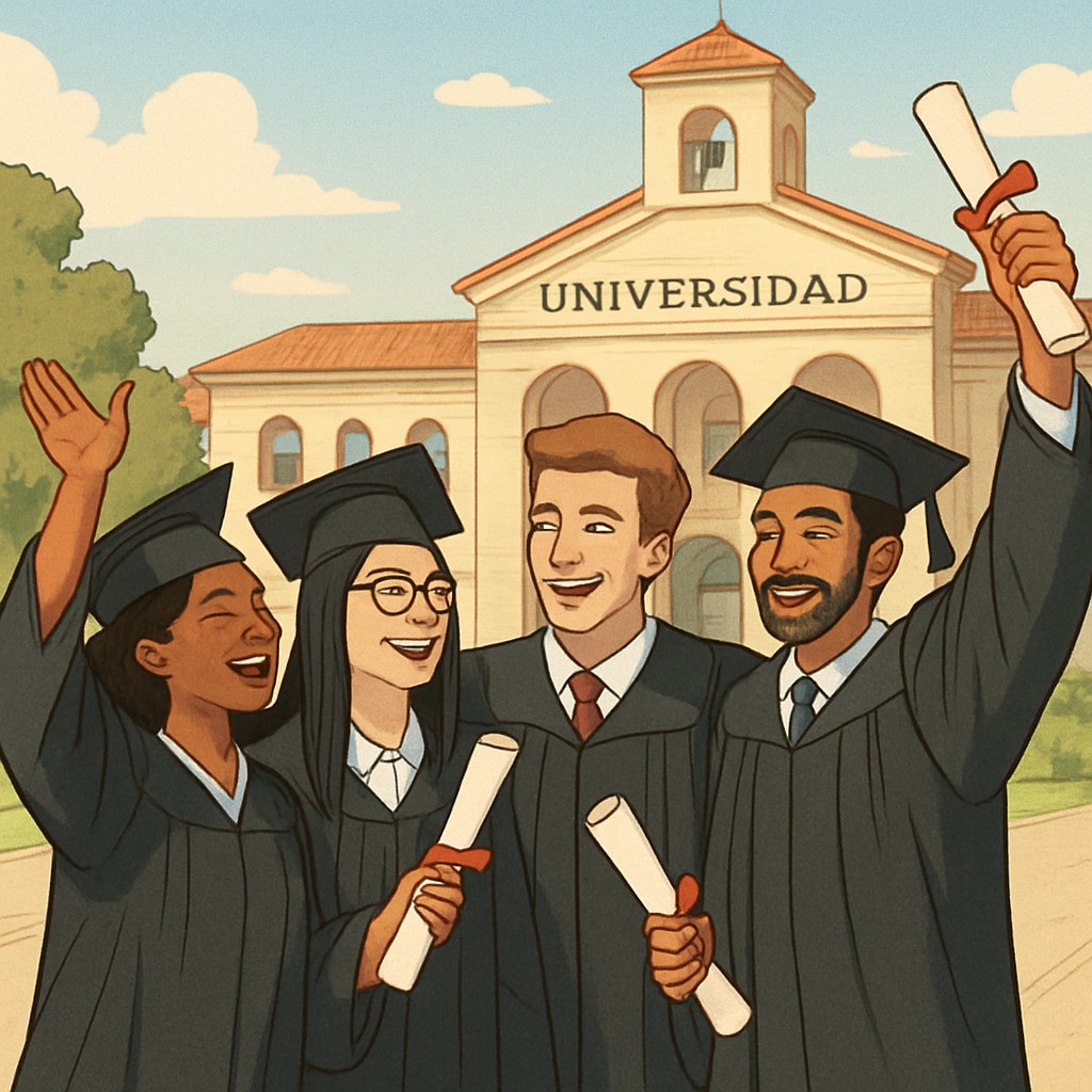 A group of international students celebrating their graduation at a Spanish university, symbolizing academic success and multicultural friendships. International students at a Spanish university graduation, representing multicultural achievement.