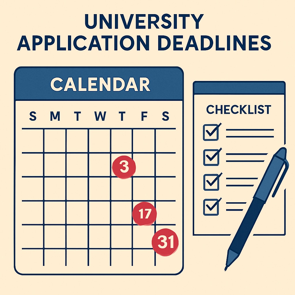 A calendar with marked dates and a checklist, representing the importance of tracking university application deadlines. Calendar with deadlines for university applications.