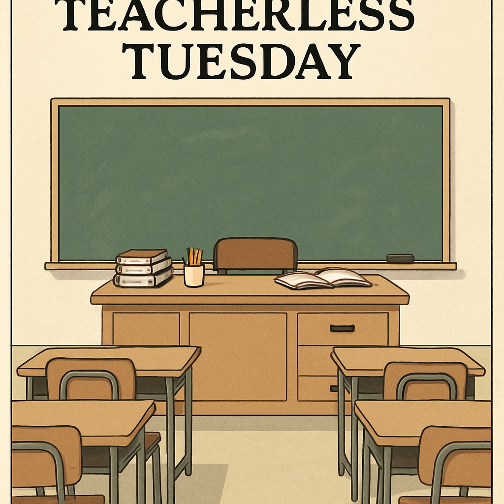 Empty teacher's desk in a classroom, representing Teacherless Tuesday.