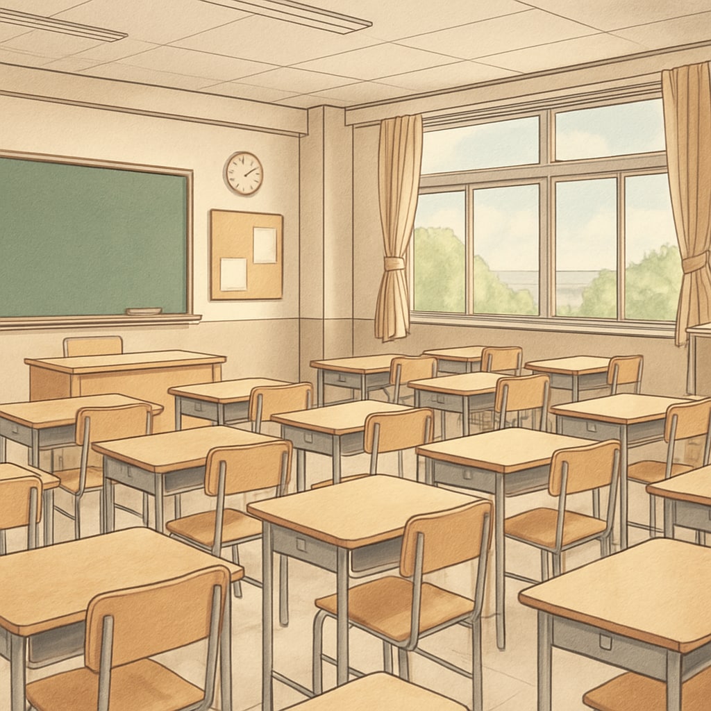 A group of empty classrooms in a school building, symbolizing teacher absence. Empty classrooms in a school, representing coordinated leave during